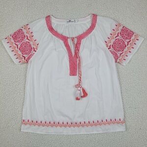 Vineyard Vines Blouse Women’s S White Cotton Boho Top Shirt Pink Embroidery
